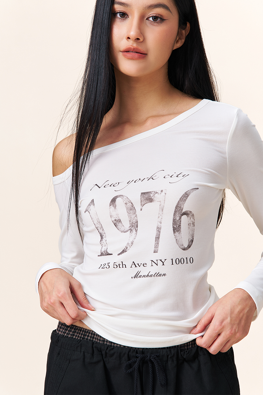 Slim Fit Printed Off-Shoulder Long Sleeve Top|yescci