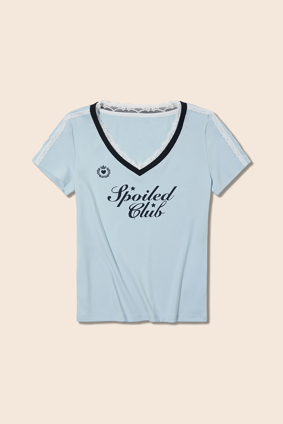Lace Trim V-Neck Letter Print Tee|yescci-YESCCI.com
