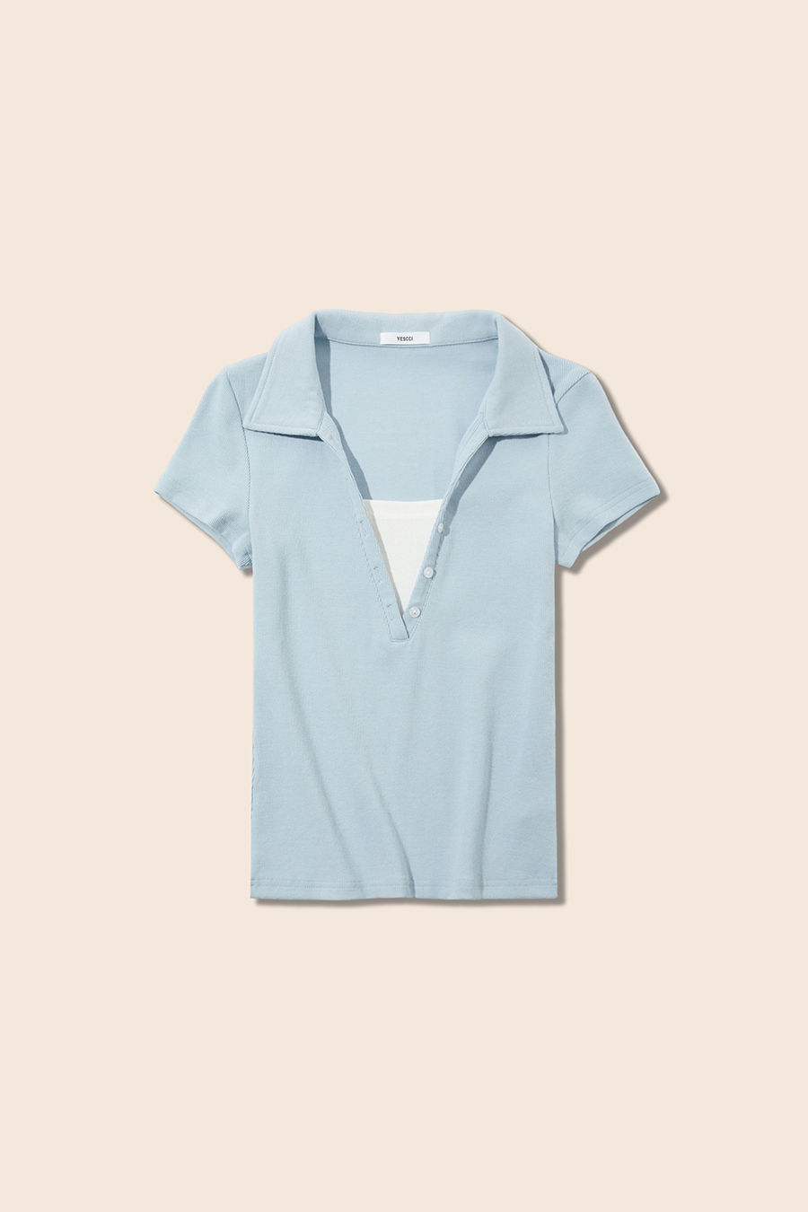 Button Placket Ribbed Polo Tee|yescci-YESCCI.com