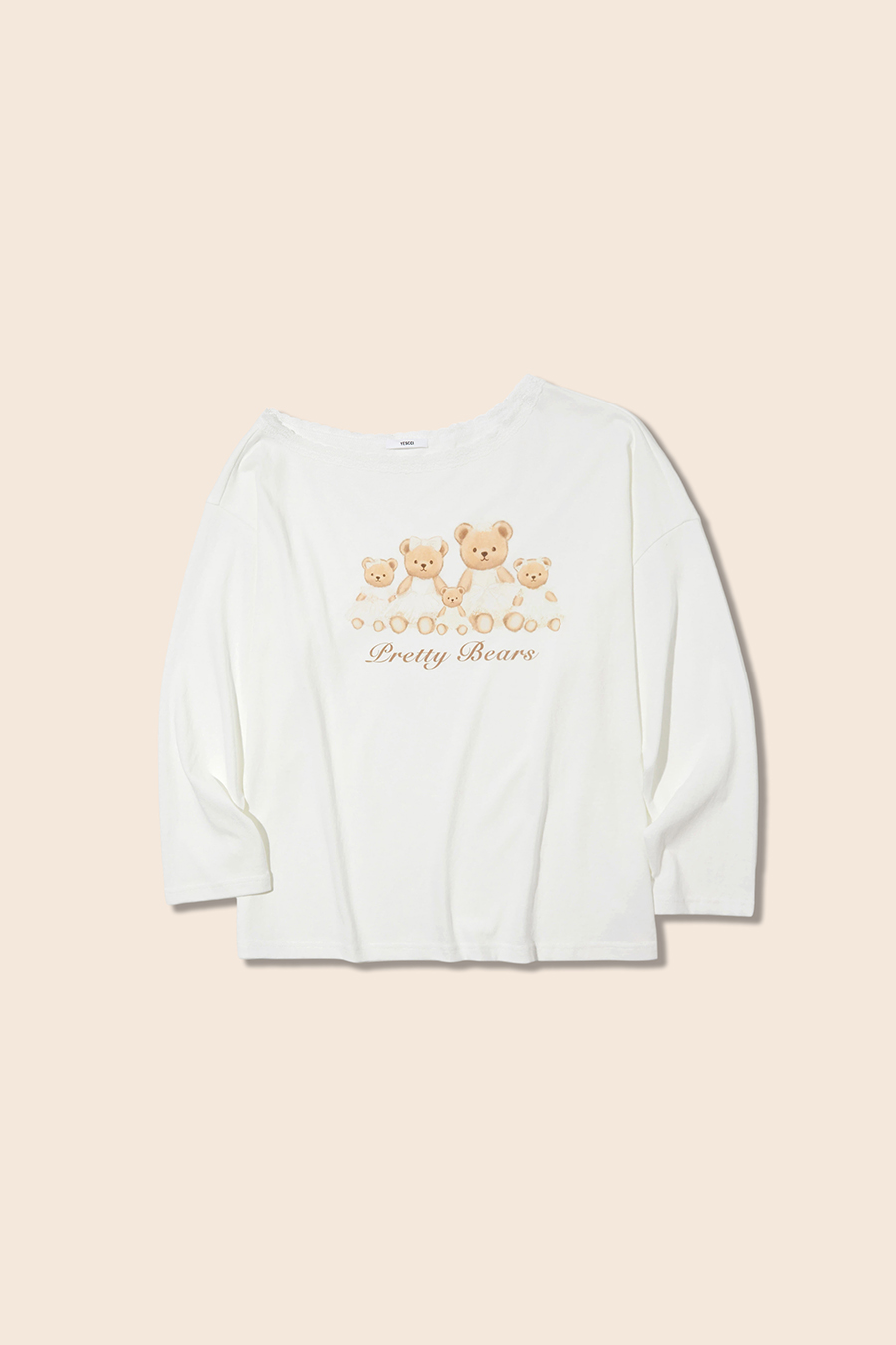 Bear Print Off-Shoulder Long Sleeve Top|yescci