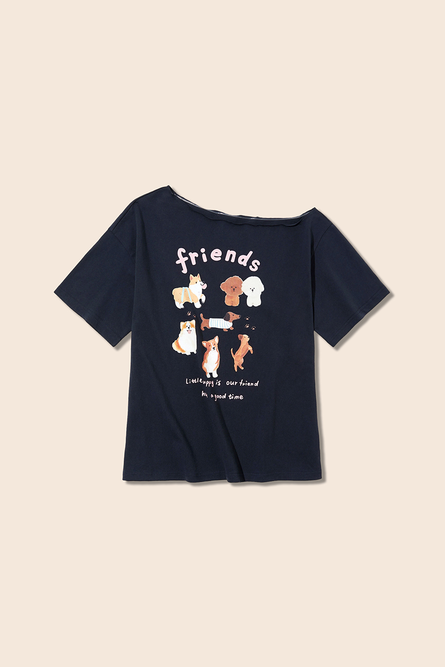 Loose Fit Dog Print Boat Neck T-Shirt|yescci
