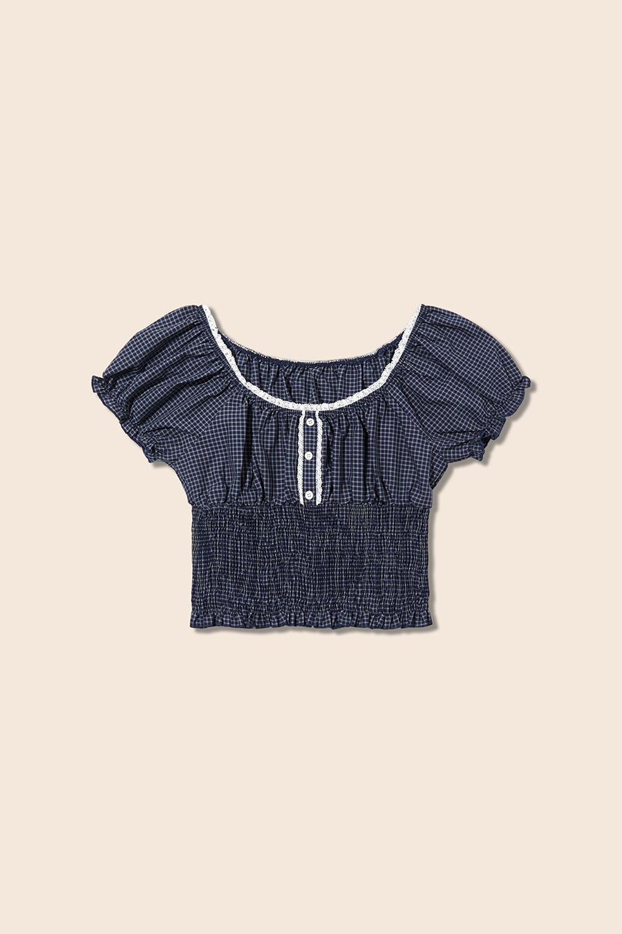 Lace Trim U-Neck Gingham Top|yescci