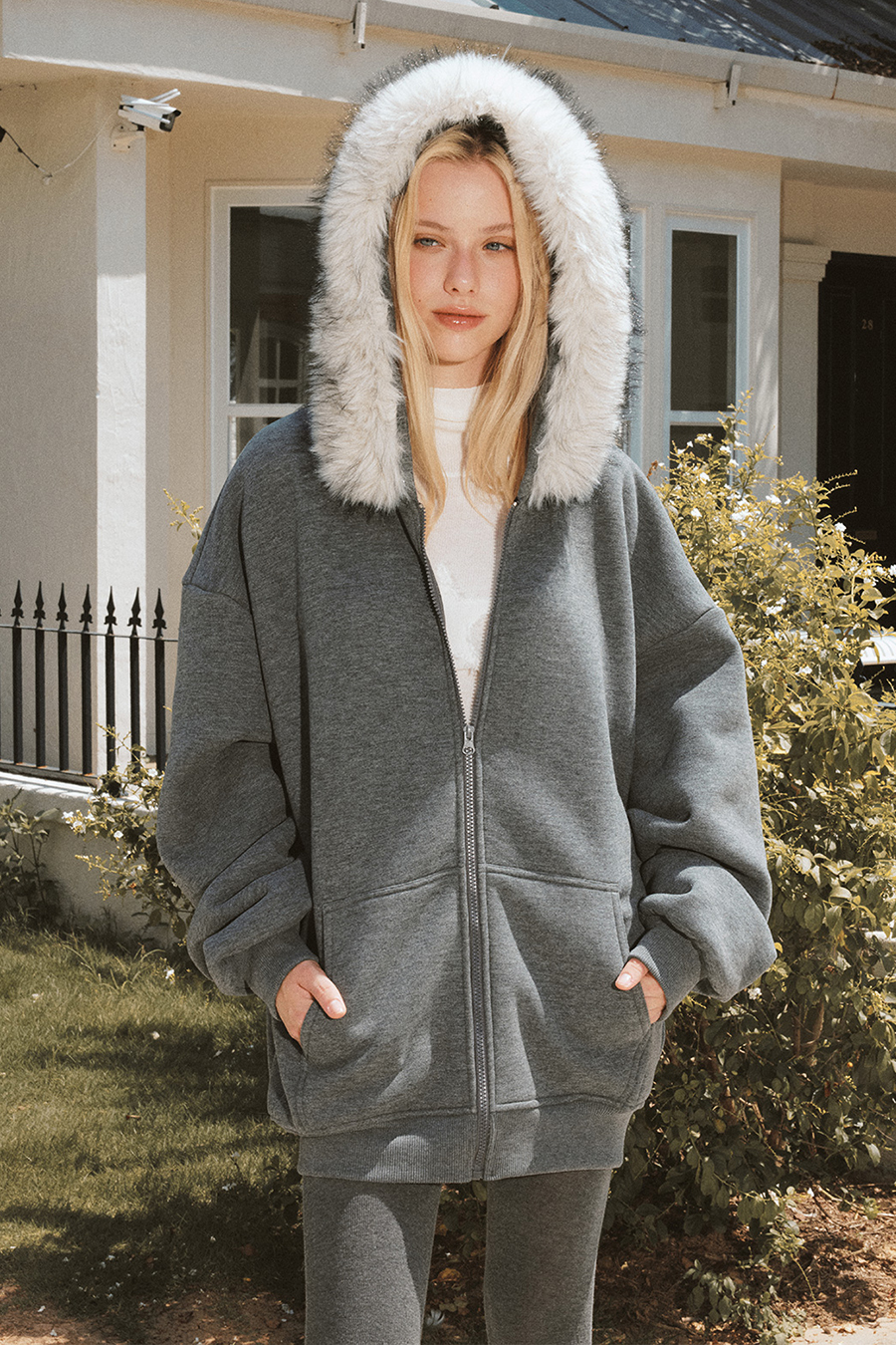 Fur Trim Zip-Up Hoodie|yescci-YESCCI.com
