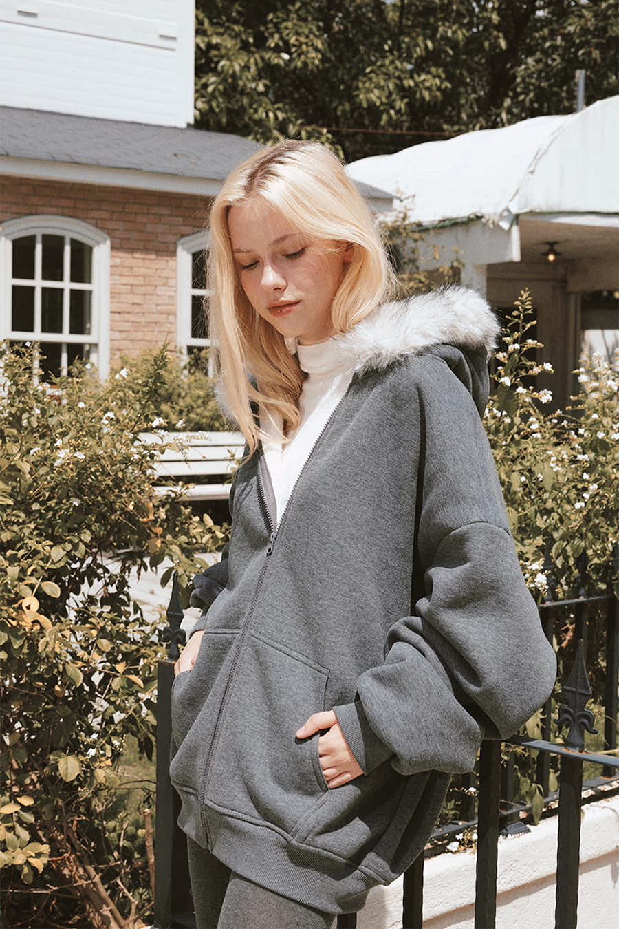 Fur Trim Zip-Up Hoodie|yescci-YESCCI.com