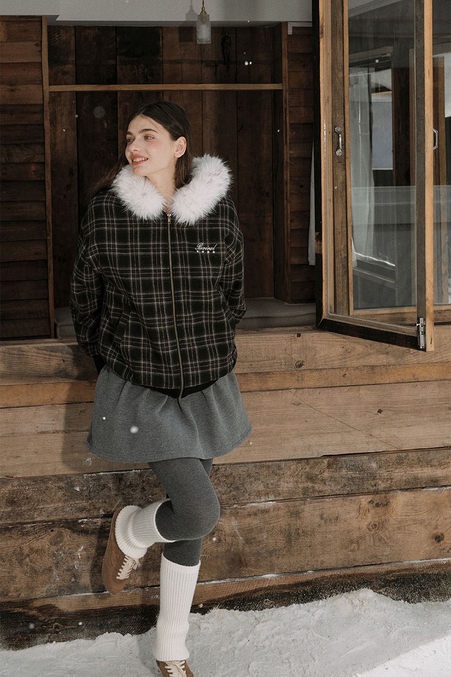 Checkered Fur Collar Hoodie|yescci-YESCCI.com
