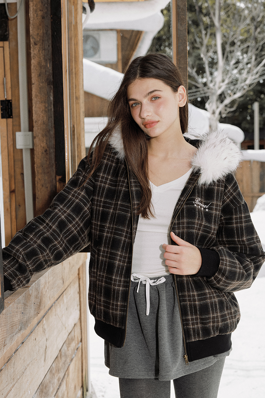 Checkered Fur Collar Hoodie|yescci-YESCCI.com