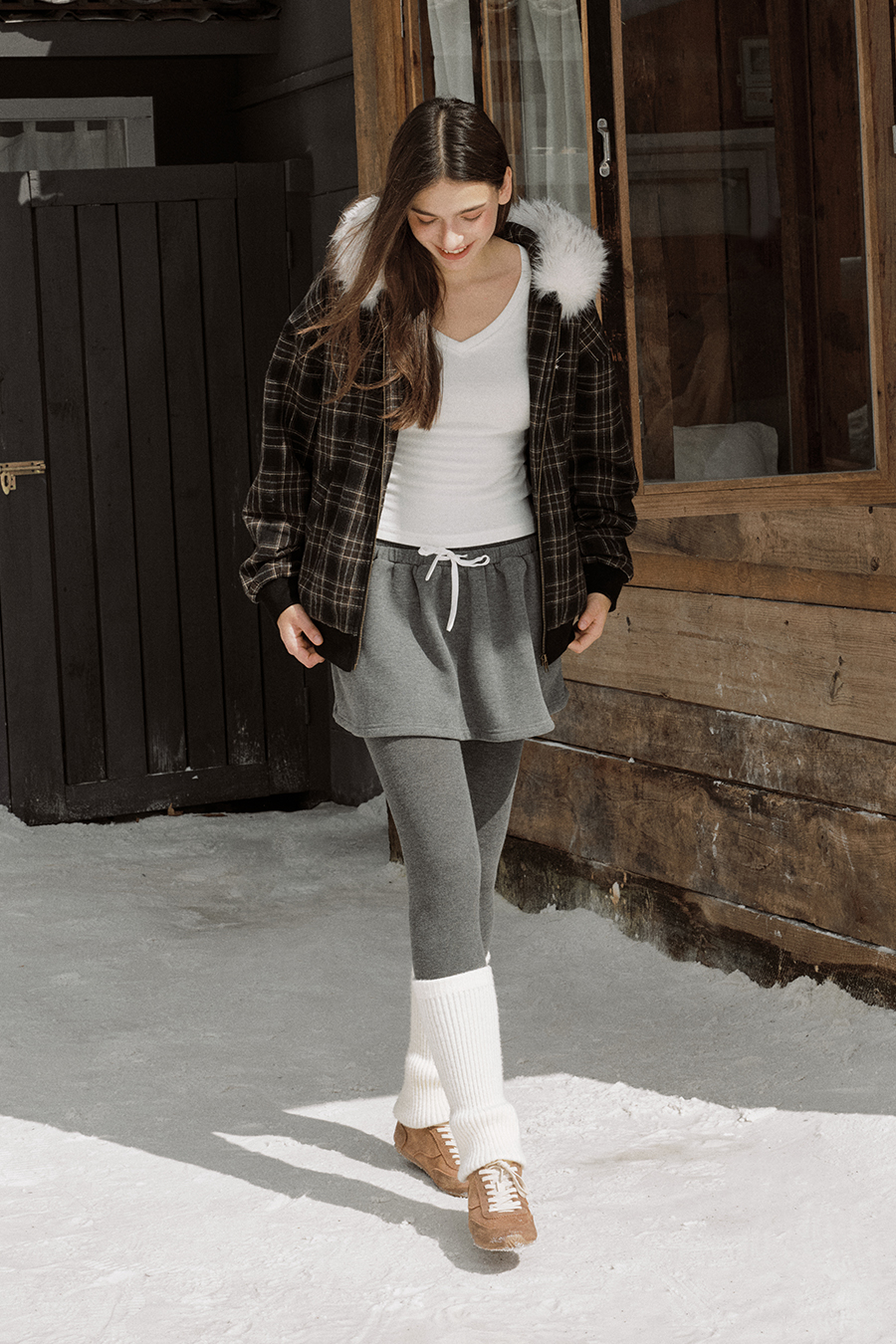 Checkered Fur Collar Hoodie|yescci-YESCCI.com