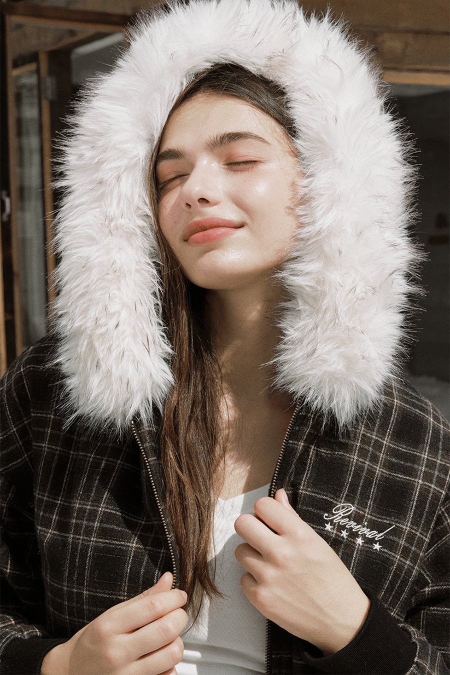 Checkered Fur Collar Hoodie|yescci-YESCCI.com