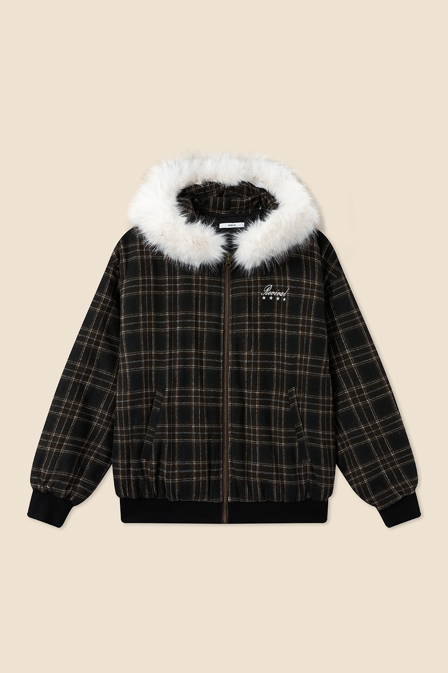 Checkered Fur Collar Hoodie|yescci-YESCCI.com
