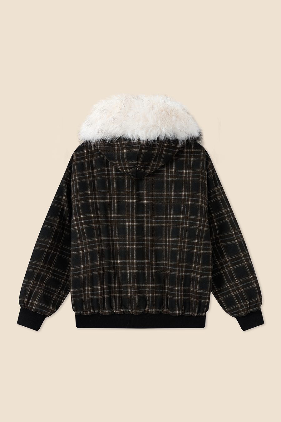 Checkered Fur Collar Hoodie|yescci-YESCCI.com
