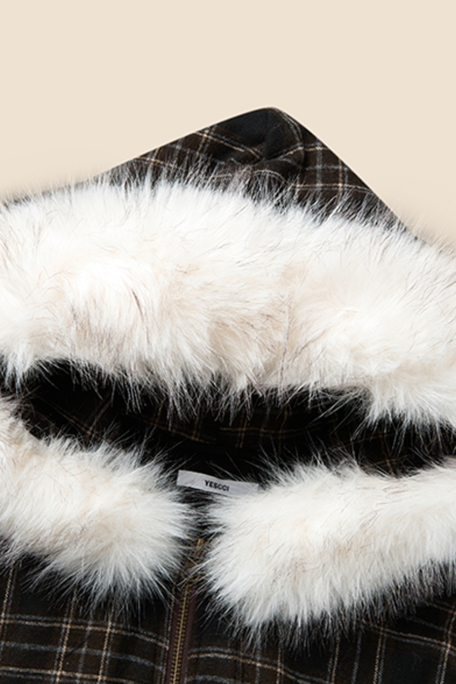 Checkered Fur Collar Hoodie|yescci-YESCCI.com