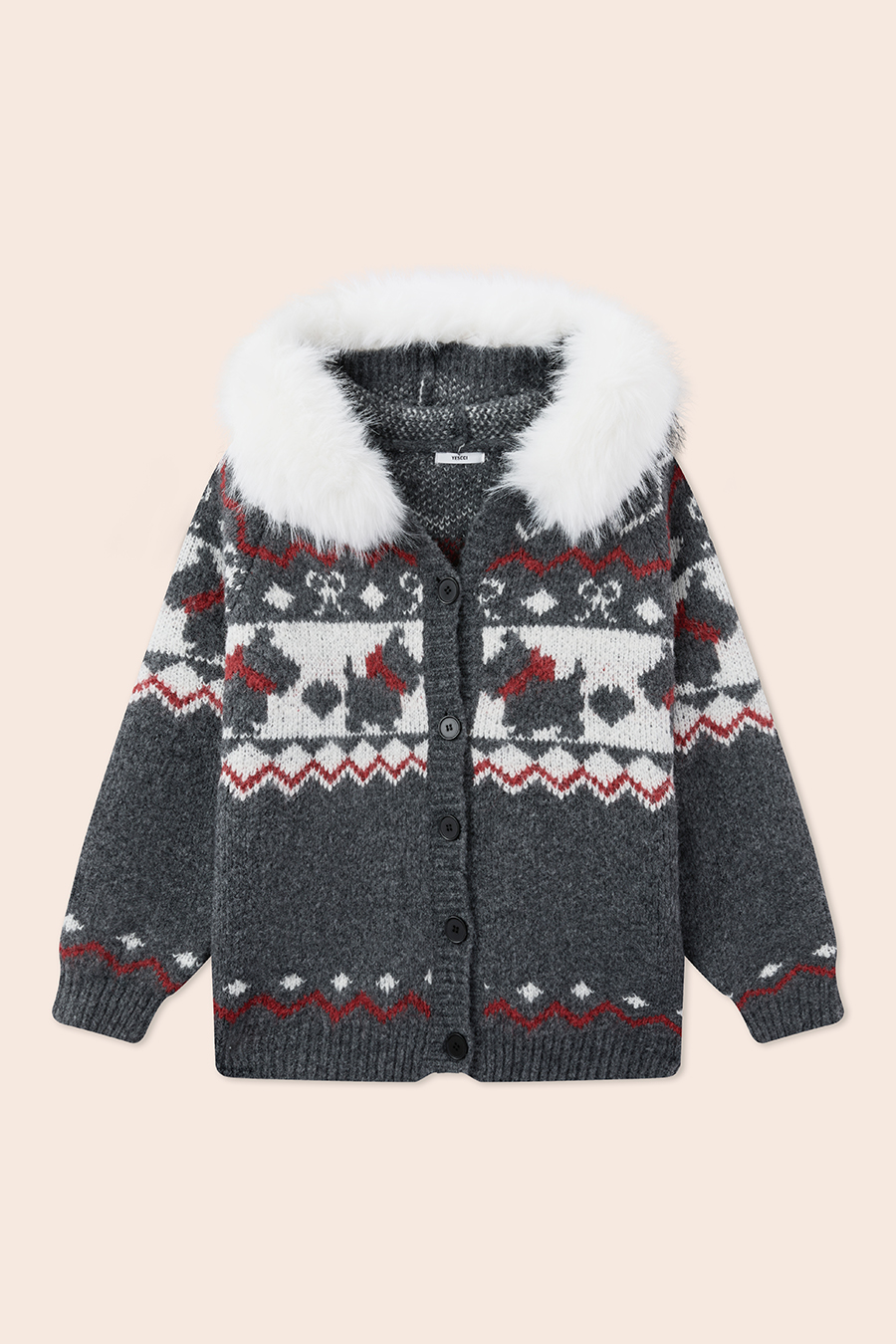 Fur Hood Fair Isle Knit Cardigan|yescci-YESCCI.com