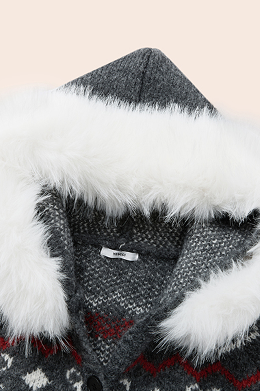 Fur Hood Fair Isle Knit Cardigan|yescci-YESCCI.com