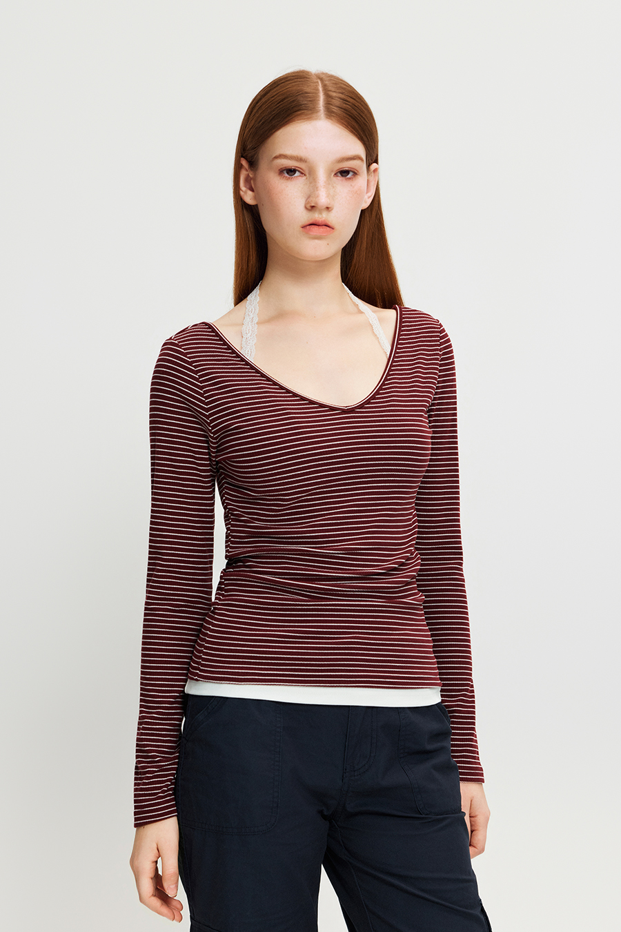 V-Neck Striped Slim Fit Long Sleeve Top|yescci