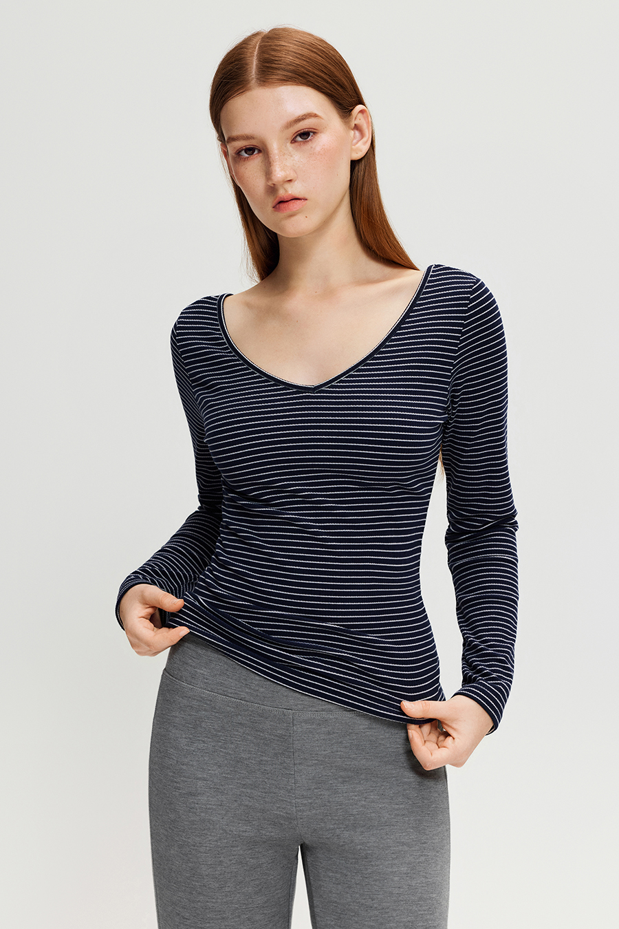 V-Neck Striped Slim Fit Long Sleeve Top|yescci