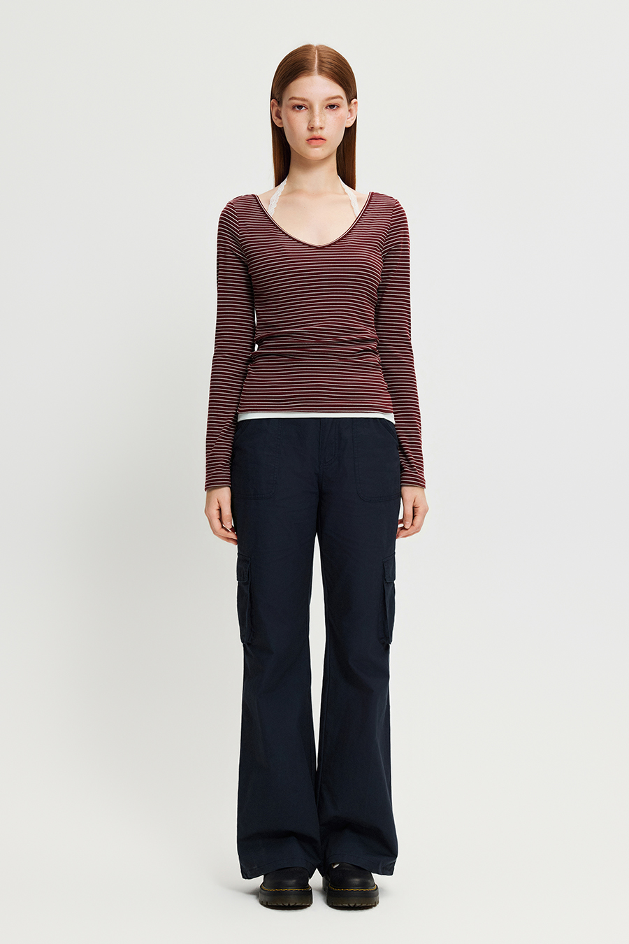 V-Neck Striped Slim Fit Long Sleeve Top|yescci