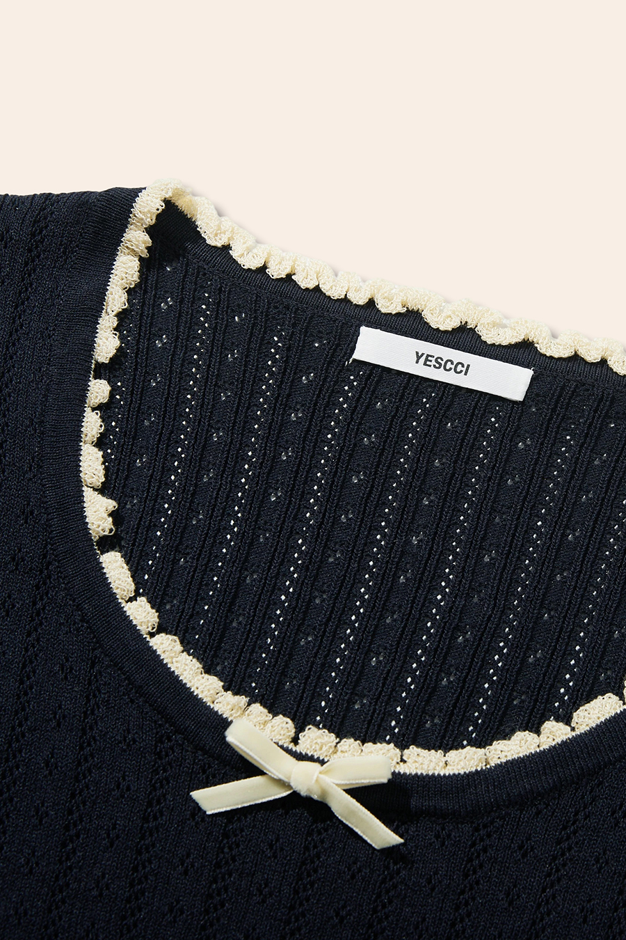 Ruffle Trim Bow Knit Long Sleeve Top|yescci