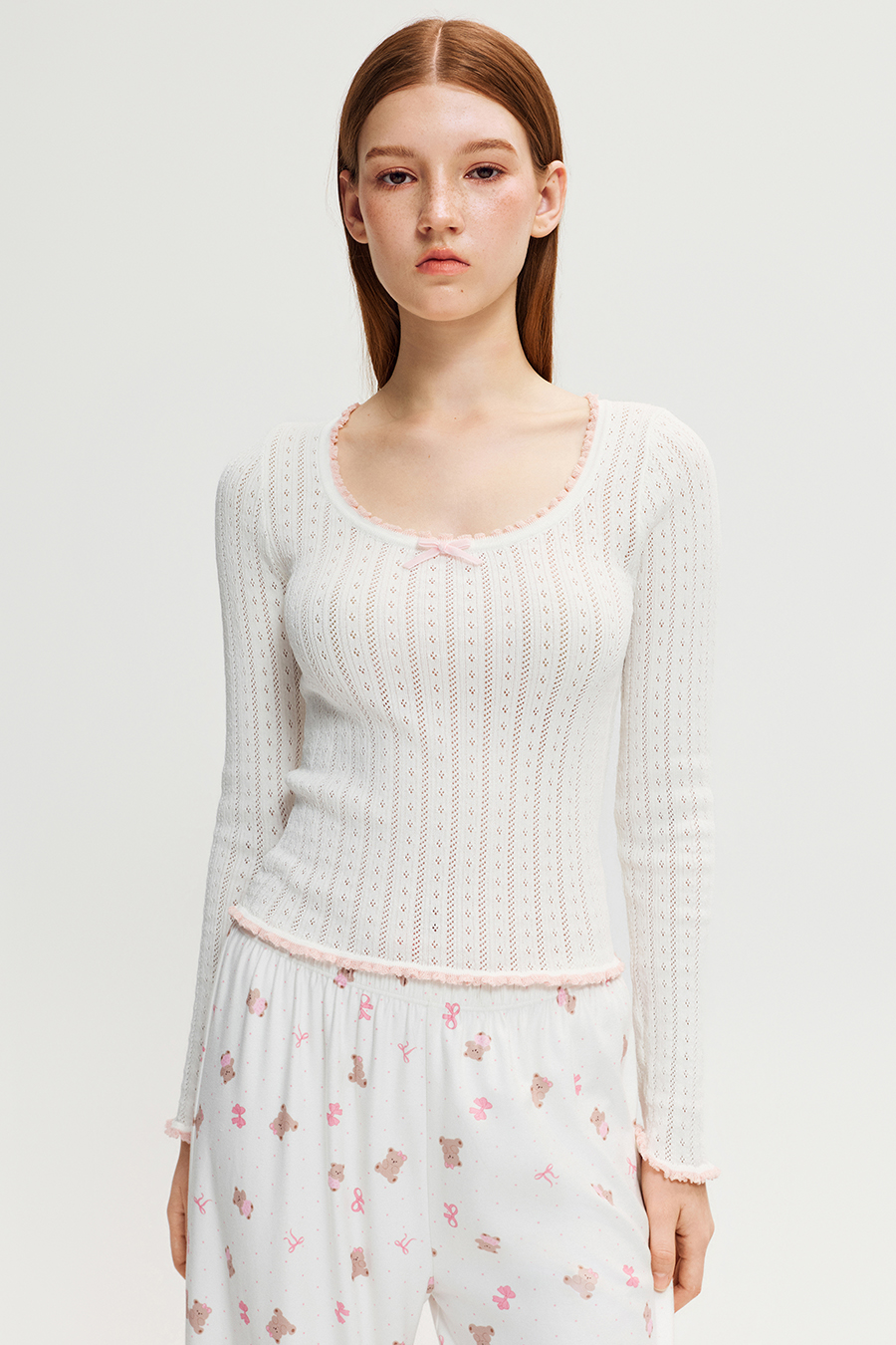 Ruffle Trim Bow Knit Long Sleeve Top|yescci