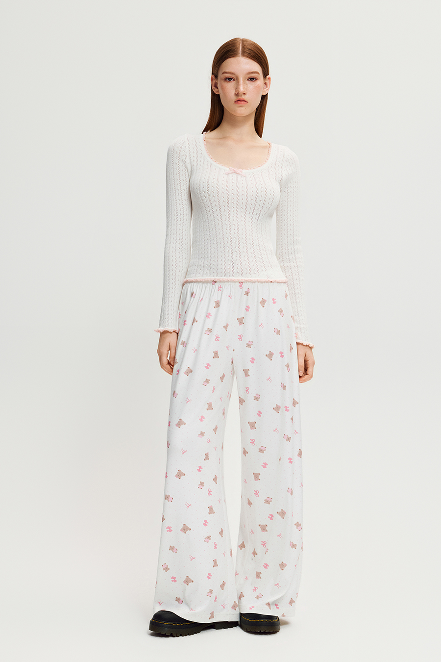 Ruffle Trim Bow Knit Long Sleeve Top|yescci