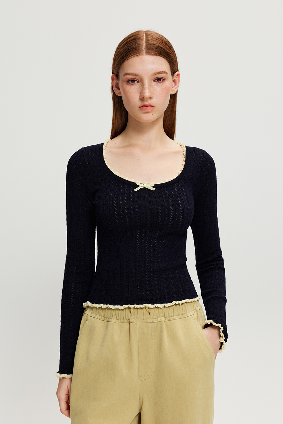 Ruffle Trim Bow Knit Long Sleeve Top|yescci