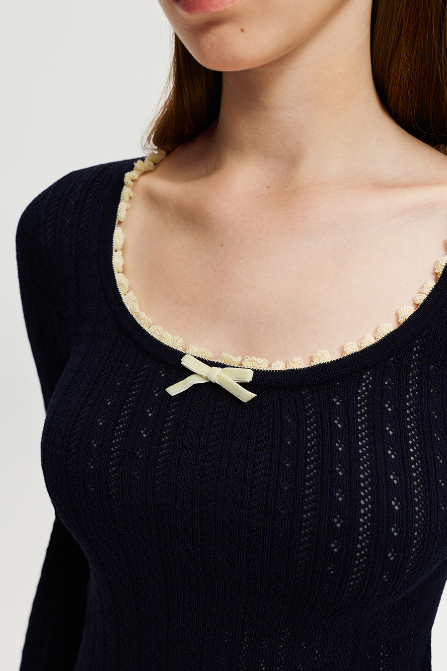 Ruffle Trim Bow Knit Long Sleeve Top|yescci