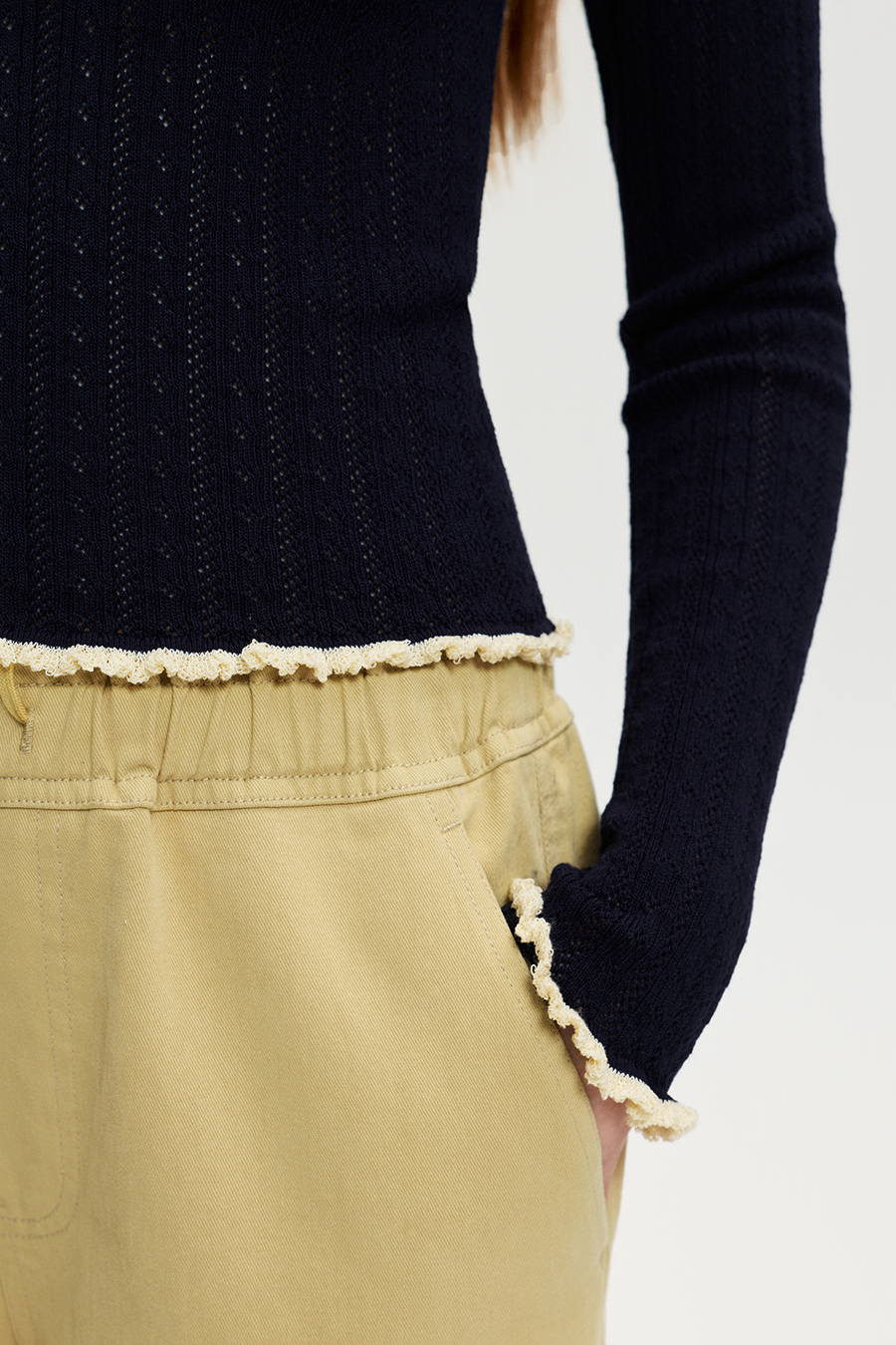Ruffle Trim Bow Knit Long Sleeve Top|yescci