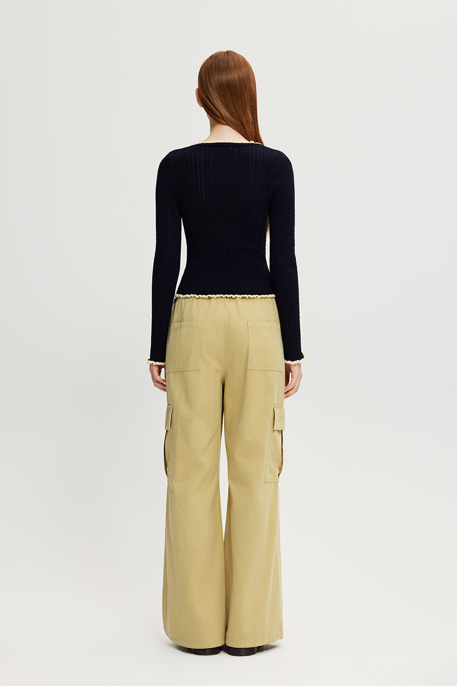 Ruffle Trim Bow Knit Long Sleeve Top|yescci