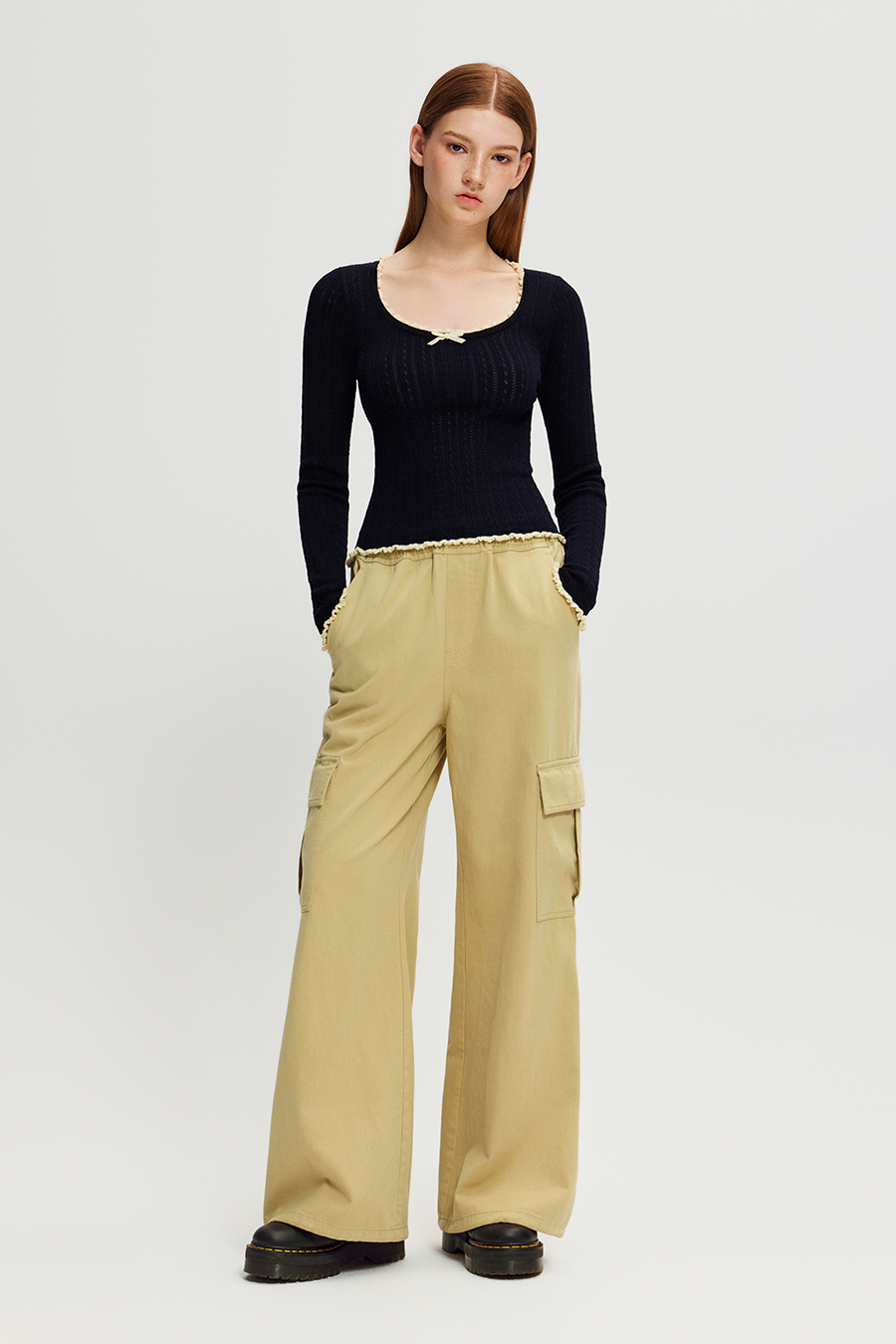 Ruffle Trim Bow Knit Long Sleeve Top|yescci