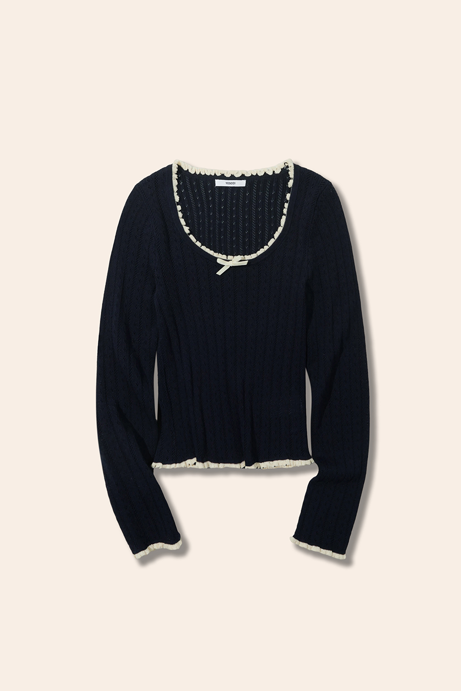 Ruffle Trim Bow Knit Long Sleeve Top|yescci