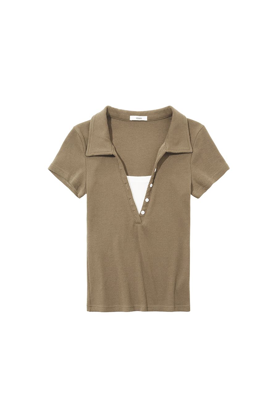 Button Placket Ribbed Polo Tee|yescci
