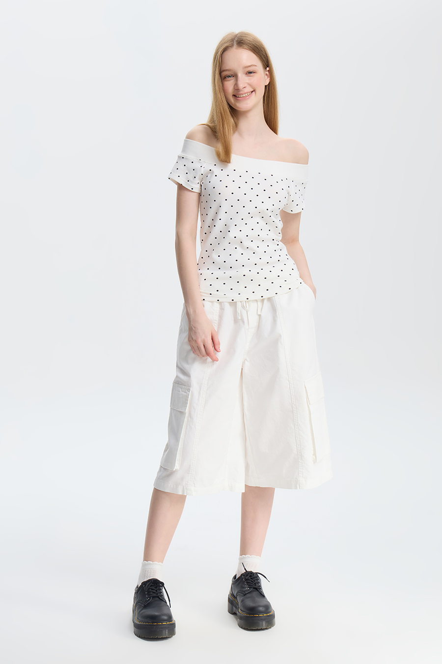 Polka Dot Off Shoulder Short Sleeve Top
