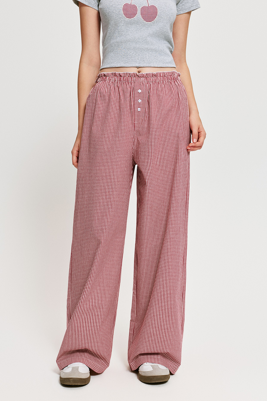 Button Detail Gingham Wide Leg Pants|yescci