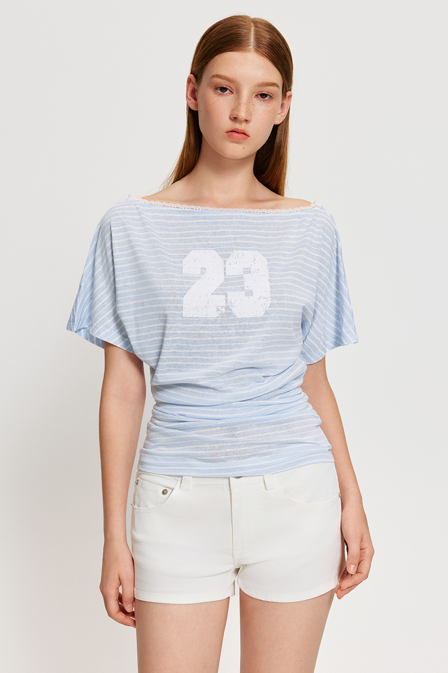 Lace Trim Striped Off Shoulder Tee|yescci