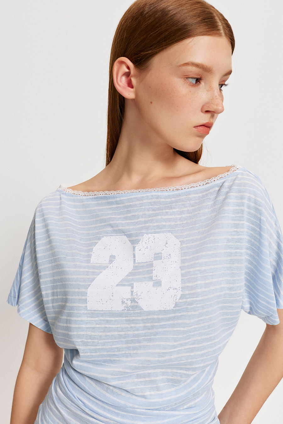 Lace Trim Striped Off Shoulder Tee|yescci