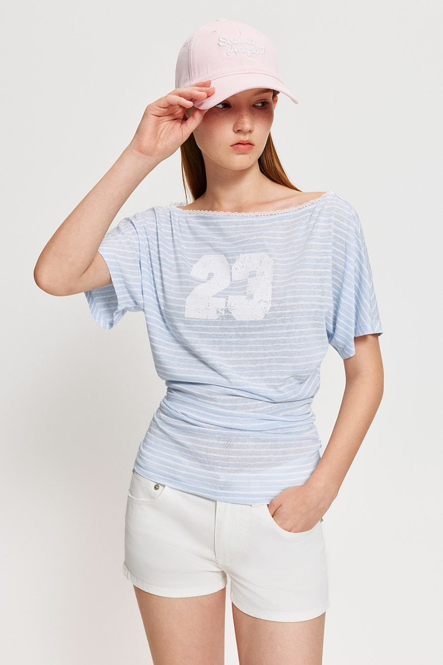 Lace Trim Striped Off Shoulder Tee|yescci