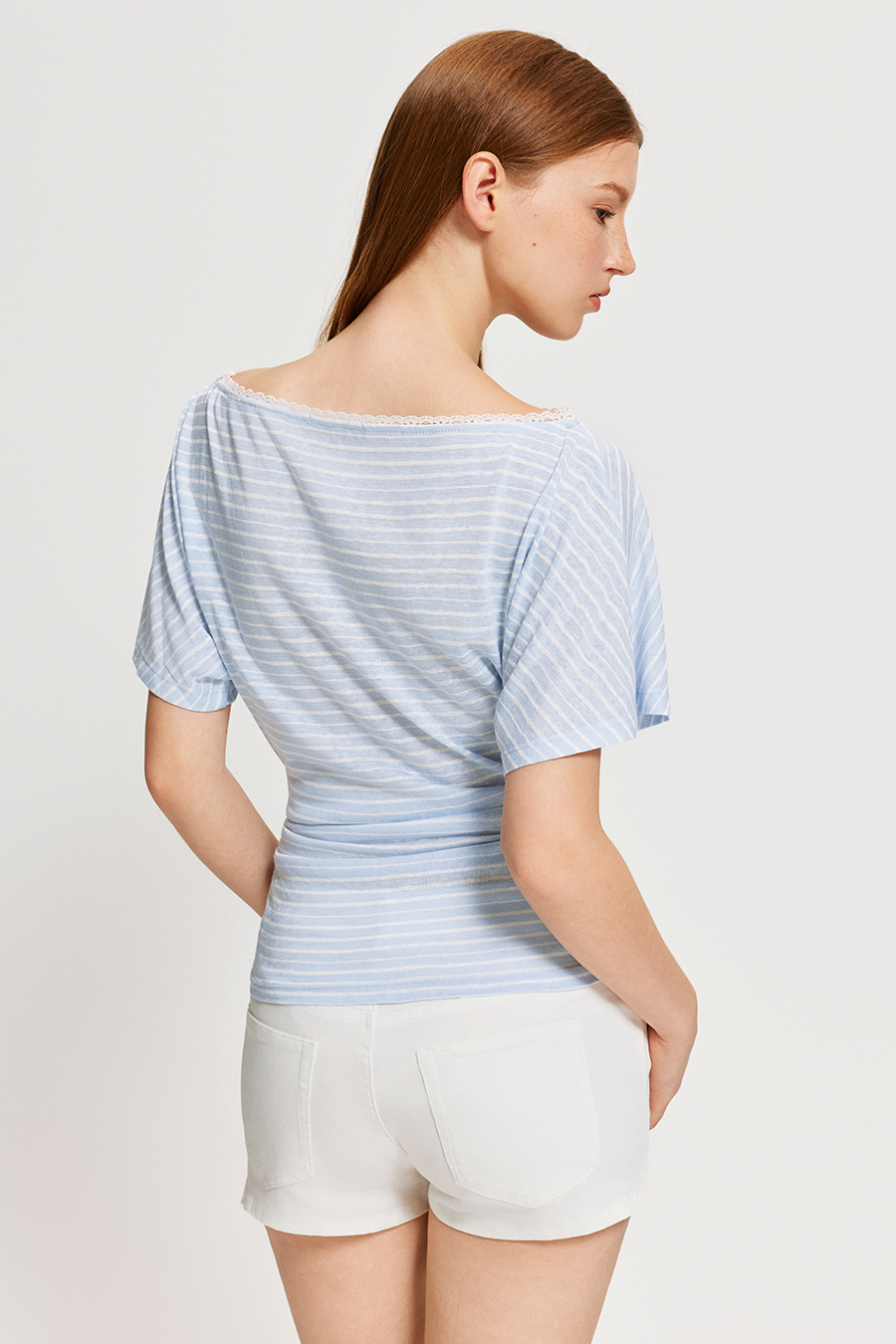 Lace Trim Striped Off Shoulder Tee|yescci