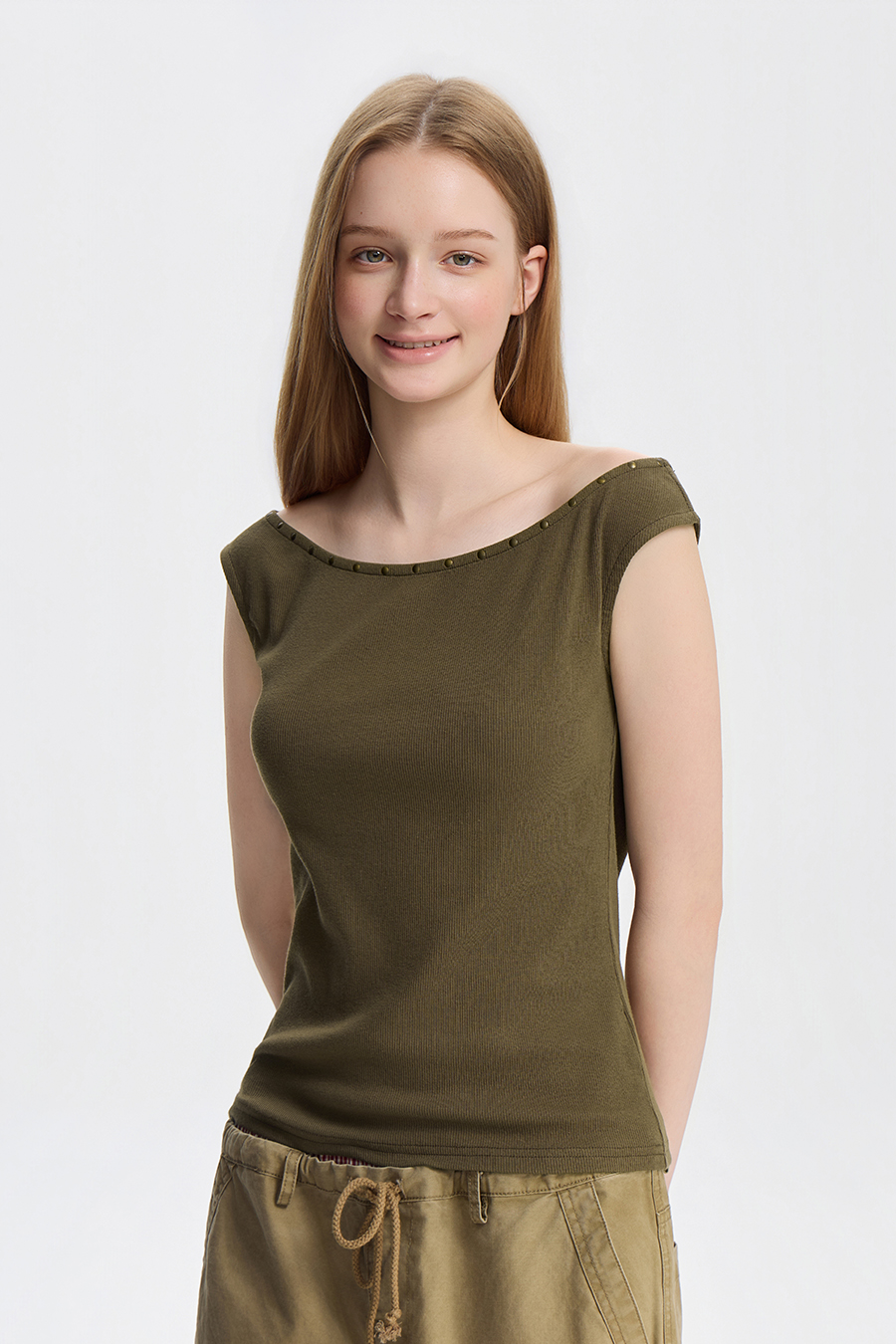 Rivet Trim Off Shoulder Sleeveless Top