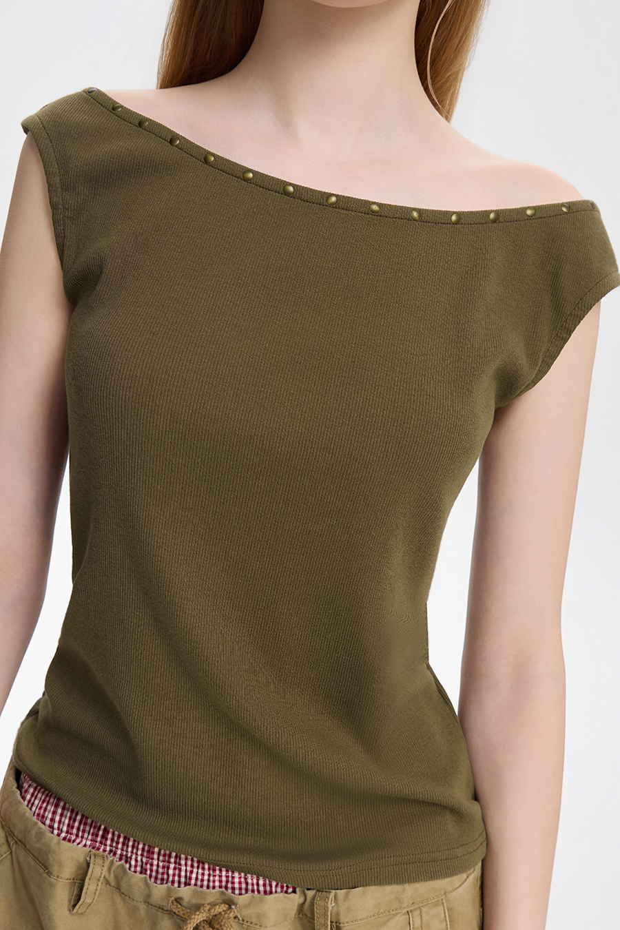 Rivet Trim Off Shoulder Sleeveless Top