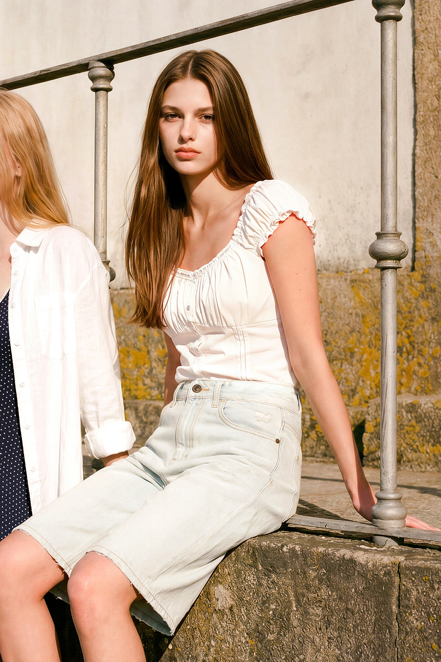 Eyelet Trim Ruffle Strap White Top|yescci