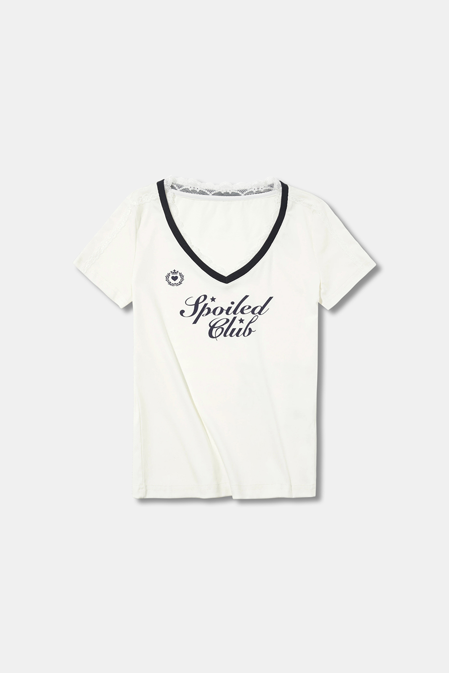 Lace Trim V-Neck Letter Print Tee|yescci