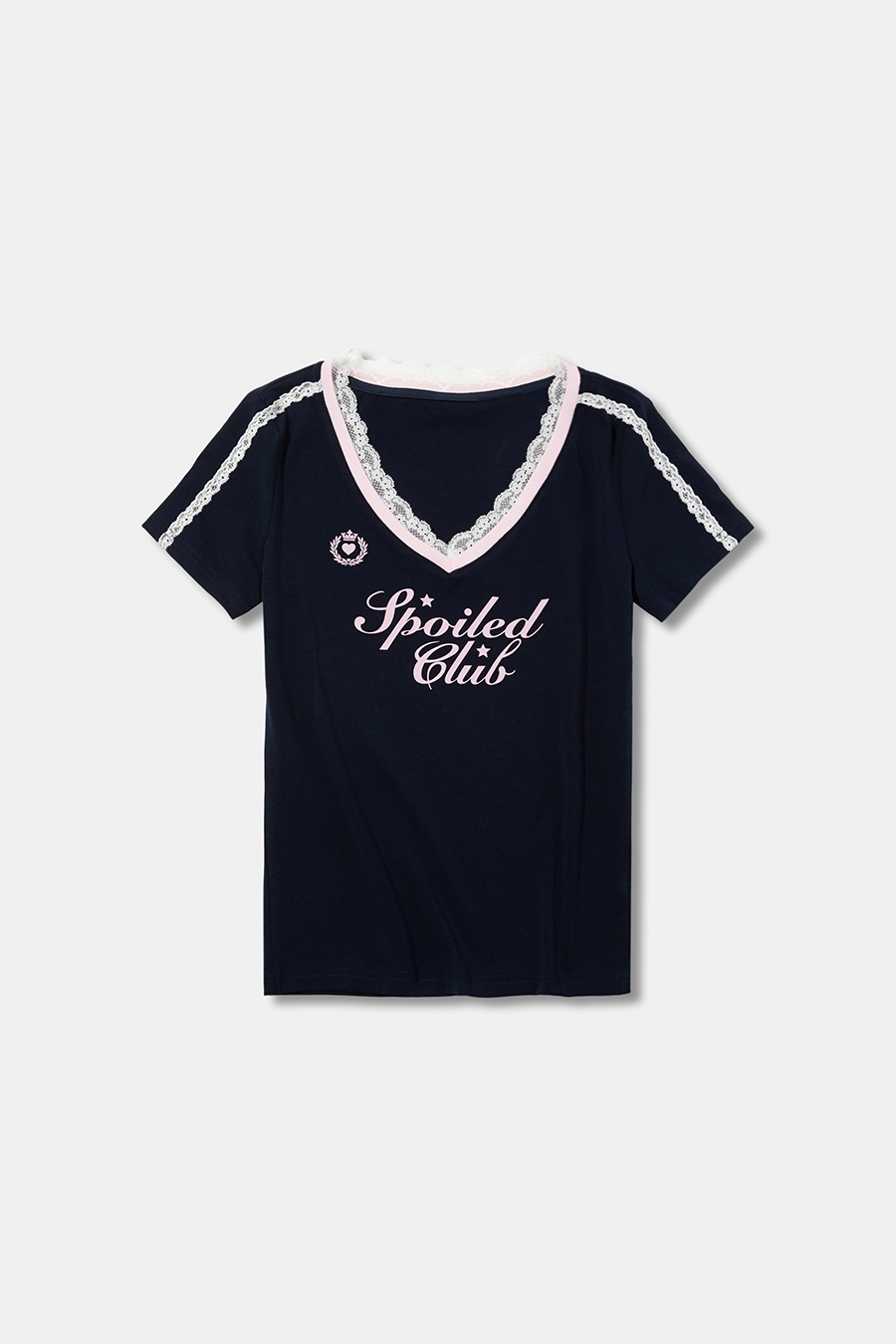 Lace Trim V-Neck Letter Print Tee|yescci