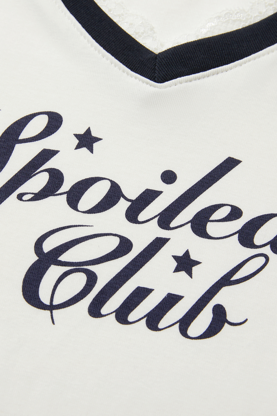 Lace Trim V-Neck Letter Print Tee|yescci