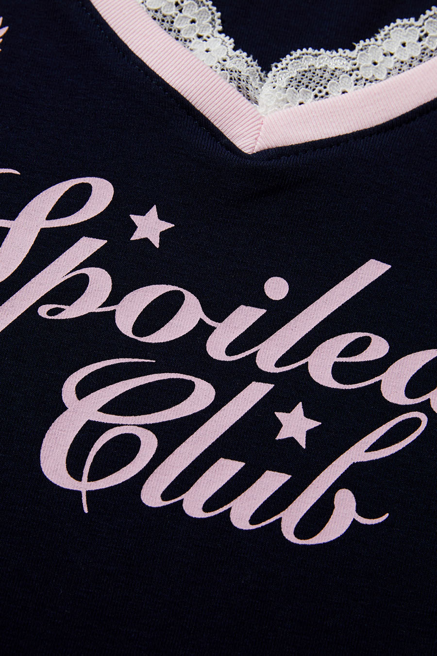 Lace Trim V-Neck Letter Print Tee|yescci