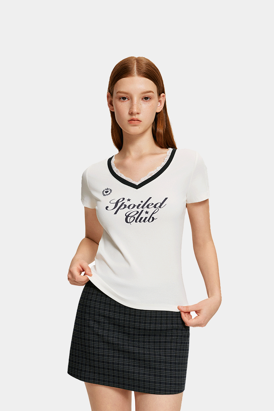 Lace Trim V-Neck Letter Print Tee|yescci