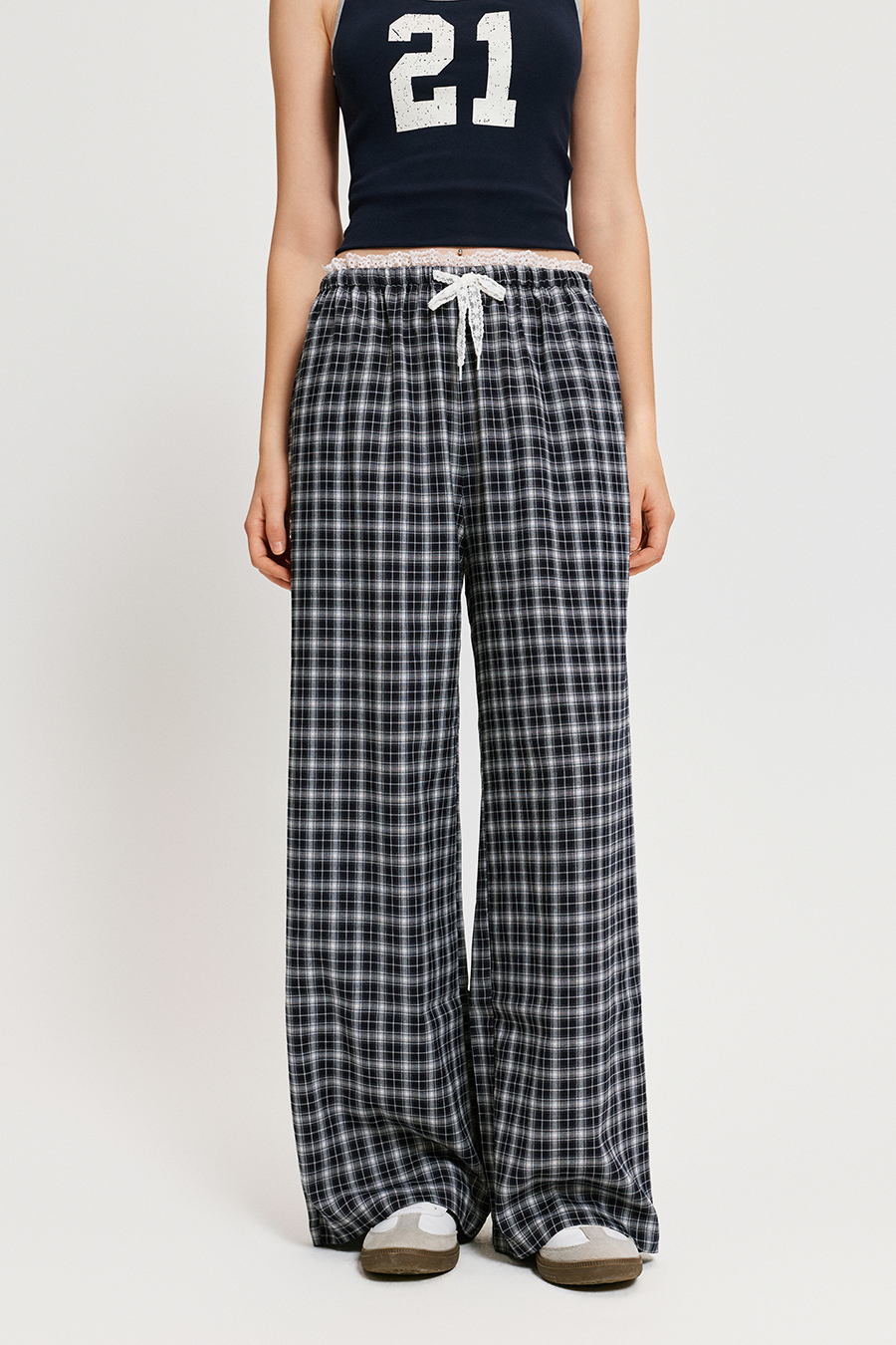 Lace Waist Plaid Wide Leg Pants