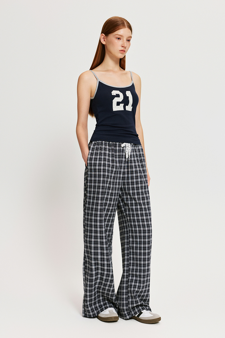 Lace Waist Plaid Wide Leg Pants