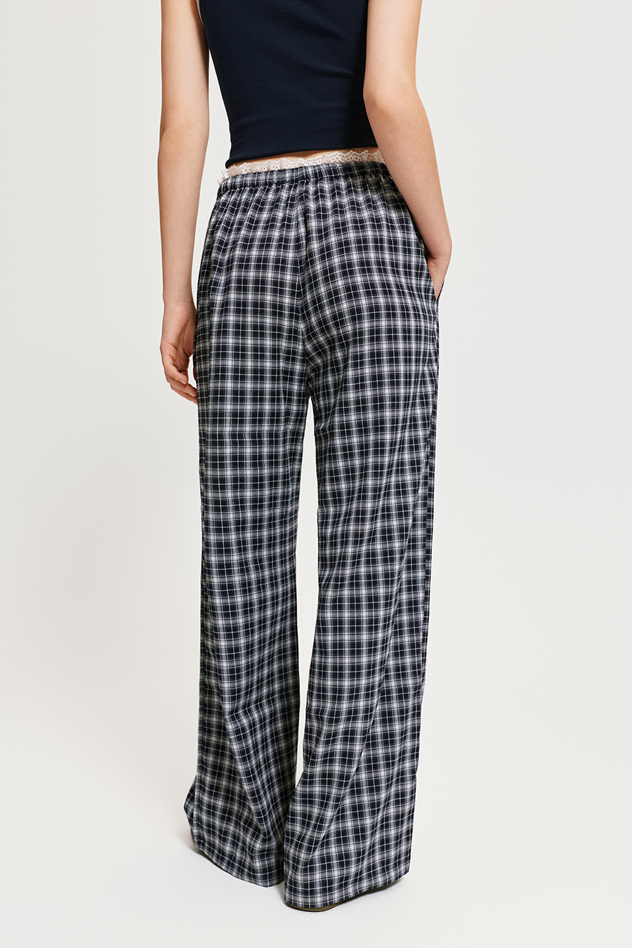Lace Waist Plaid Wide Leg Pants