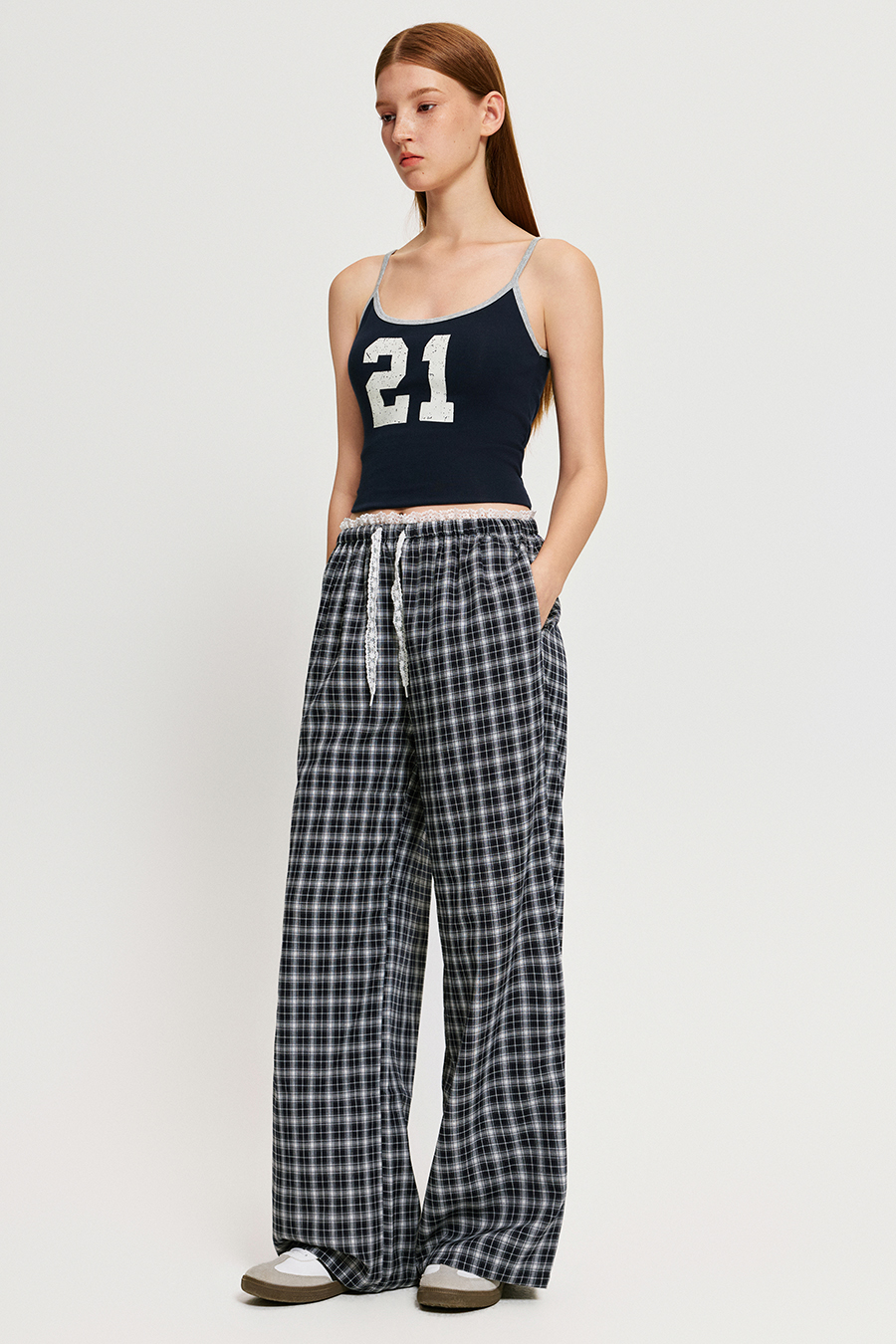 Lace Waist Plaid Wide Leg Pants