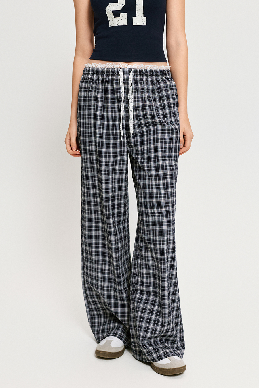 Lace Waist Plaid Wide Leg Pants