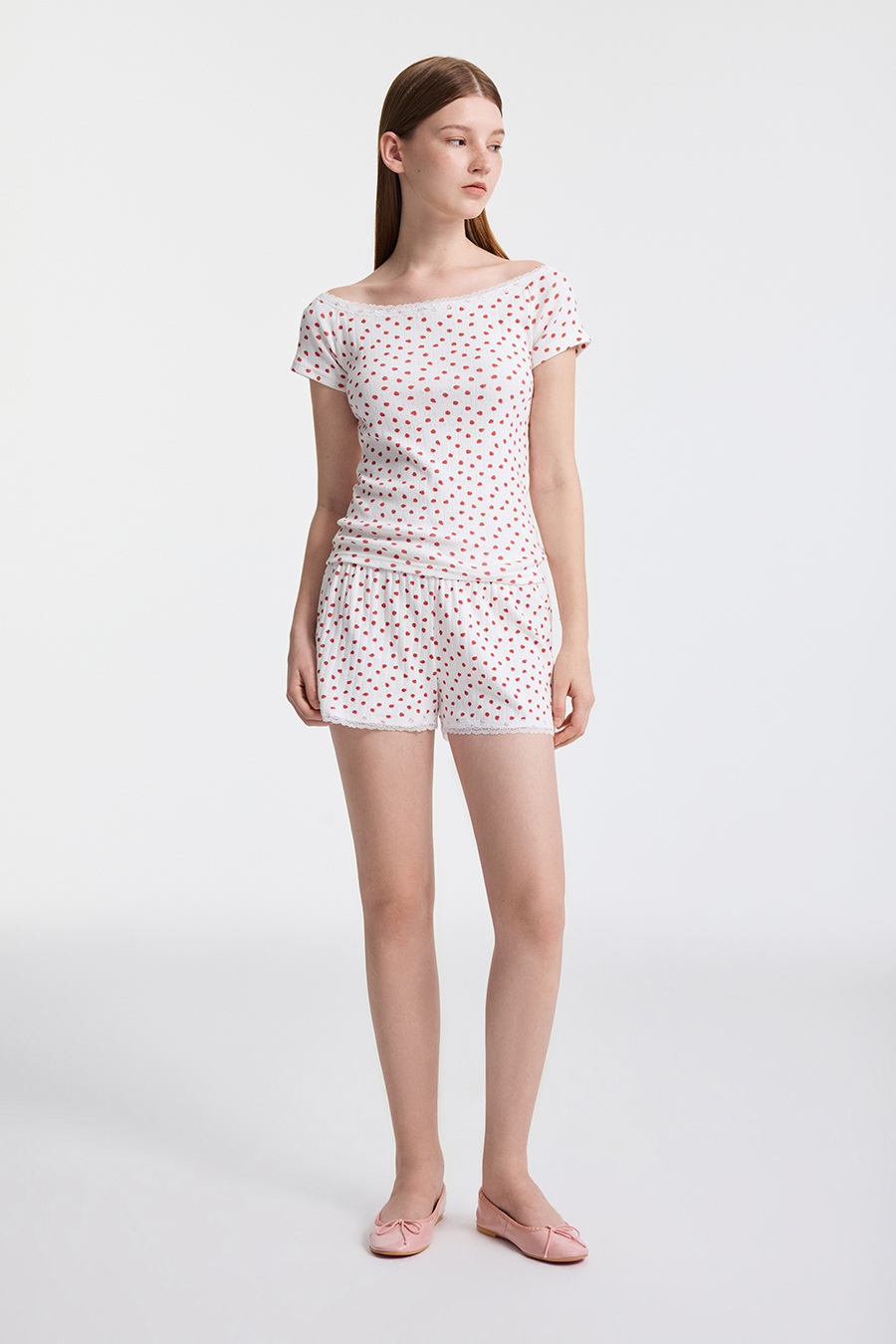 Strawberry Print Lace Trim Lounge Shorts